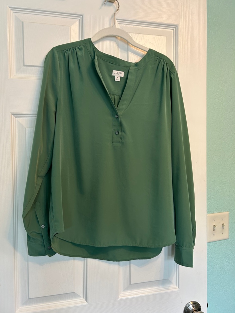 J. Crew Green Split-Neck Long-Sleeve Blouse